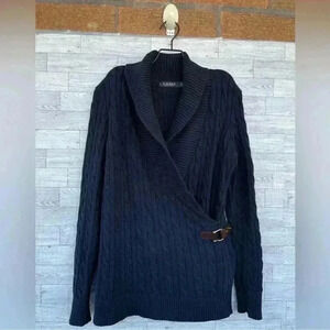 RALPH LAUREN BLACK LABEL
Cable-Knit Buckle-Trim Sweater Large